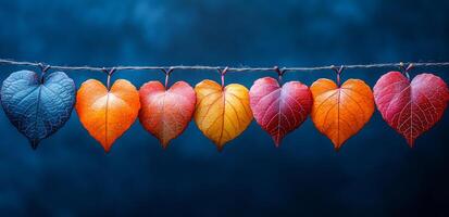 A row of hearts hanging from a wire. The hearts are of different colors and sizes. Concept of warmth and love, as the hearts are arranged in a row, suggesting unity and togetherness photo