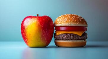 A hamburger and an apple are on a table. The hamburger is on the right and the apple is on the left photo