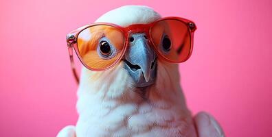 A white parrot wearing red glasses. The parrot is looking at the camera. The image has a playful and fun mood photo