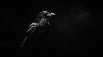 A black and white photo of a crow standing in the dark. The image has a moody and mysterious feel to it, as the crow is the only visible element in the scene