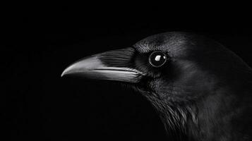 A black bird with a large eye and a pointed beak. The bird is looking directly at the camera photo