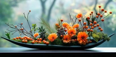 A vase of orange flowers sits on a table. The flowers are arranged in a way that makes them look like they are growing out of the vase. The vase is green and has a long, narrow shape photo