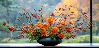 A vase of orange flowers sits on a table. The flowers are orange and yellow, and they are arranged in a way that makes them look like they are in a field. The vase is on a window sill photo