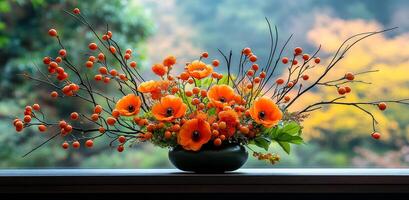 A vase of orange flowers sits on a window sill. The flowers are arranged in a way that makes them look like they are in a bouquet. The scene is peaceful and calming photo