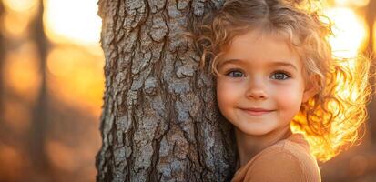 A young girl is hugging a tree trunk. The girl is smiling and he is enjoying the moment. Concept of warmth and happiness, as the girl seems to be embracing nature and finding comfort in the tree photo