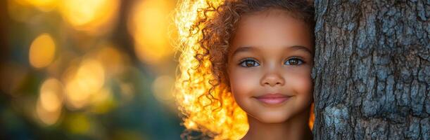 A young girl with curly hair is standing behind a tree trunk. She is smiling and looking at the camera photo