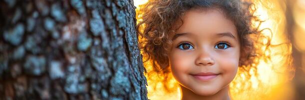 A young girl with curly hair is standing in front of a tree. She is smiling and looking at the camera photo