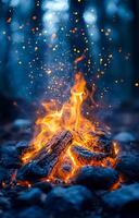A fire is burning in a pile of wood, with sparks flying out of it. The scene is set in a forest, with the fire providing warmth and light in the dark photo