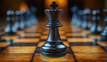 The king piece stands prominently on the chessboard, surrounded by other pieces, set in a warm-lit environment, suggesting a tense game. photo