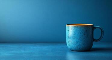 A colorful blue mug filled with coffee sits on a smooth surface against a calm blue backdrop, creating a soothing atmosphere. photo