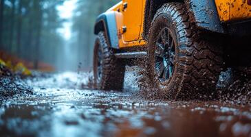 An orange off-road vehicle drives through muddy water in a dense forest, splashing water as it maneuvers along the rough path. photo