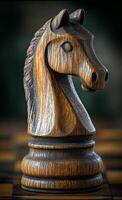 A finely crafted wooden knight stands on a chessboard, highlighting its intricate design and the texture of the wood. photo