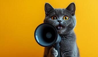 This gray cat holds a megaphone, appearing playful and curious on a vibrant orange background, showcasing its personality. photo