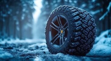 A single winter tire rests on a snow-covered road amidst tall trees, creating a serene and chilly winter atmosphere. photo