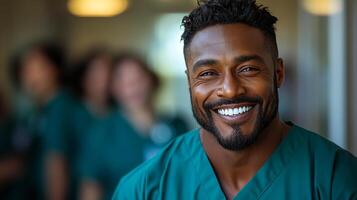 A cheerful healthcare worker in scrubs smiles confidently in a hospital, showcasing dedication and positivity during a busy day. photo