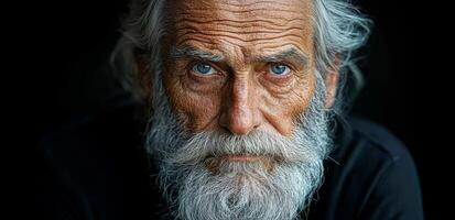 A wise-looking elderly man with a flowing white beard gazes directly, showcasing deep lines of experience and vibrant blue eyes. photo
