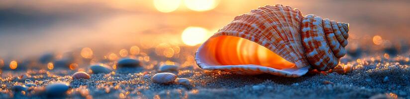 A delicate seashell lies on the warm sand as the sun sets, casting a golden glow over the beach and surrounding pebbles. photo