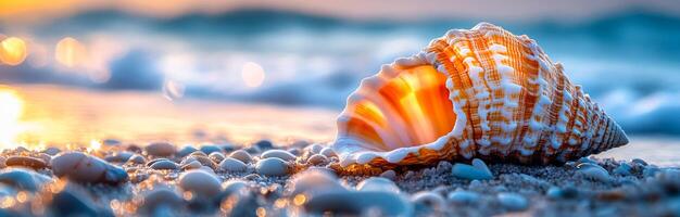 A stunning seashell lies on the sandy beach, illuminated by the warm glow of the setting sun, with gentle waves in the background. photo