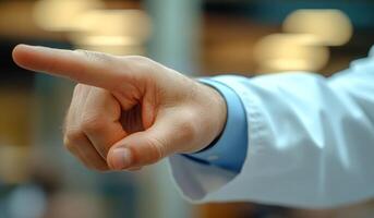 A medical professional gestures with a raised finger while explaining important information to a patient in a clinical setting. photo