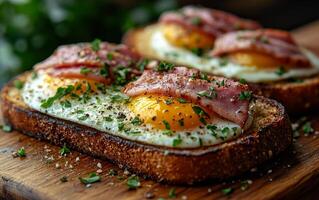 Savory slices of toasted bread topped with eggs and crispy bacon, garnished with herbs and spices, making a delightful breakfast. photo