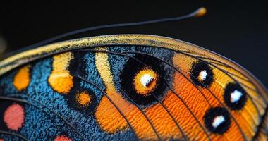 A vibrant butterfly displays intricate patterns on its wings, showcasing vivid colors and delicate details in natural light. photo