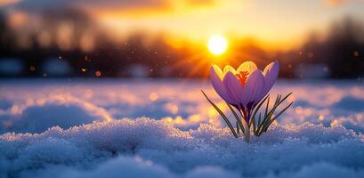 A lone crocus flower emerges from the snow, illuminated by the warm glow of the setting sun on a winter evening. photo