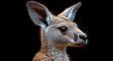 A close-up view of a young kangaroo's profile, showcasing its expressive features against a dark background. photo