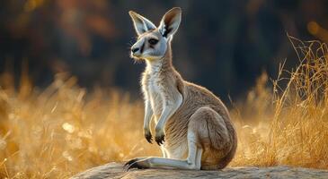 A kangaroo sits on a rock, surrounded by golden grass as the sun sets, creating a serene atmosphere in the wilderness. photo
