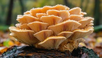 Vibrant golden mushrooms thrive on a decaying log amidst autumn leaves in a peaceful forest setting, showcasing nature's beauty. photo