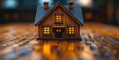 A cozy wooden house model sits on a table, featuring glowing windows that provide a warm ambiance as dusk sets in. photo