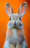 A fluffy rabbit with big ears and expressive eyes stands in front of a vibrant orange backdrop, showcasing its adorable features. photo