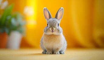A cute rabbit with fluffy fur and alert ears sits on a soft surface in a bright indoor space with yellow hues. photo