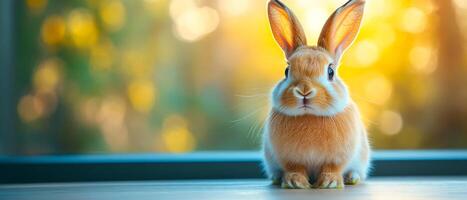 A fluffy rabbit sits calmly on a table as the warm golden light creates a serene and peaceful atmosphere in the background. photo