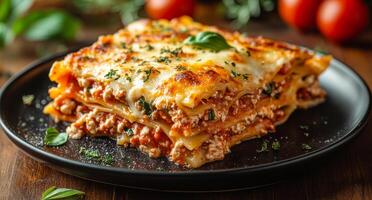 Layers of pasta, meat, and cheese create a comforting lasagna dish, garnished with fresh herbs and surrounded by tomatoes. photo