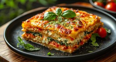 A plated lasagna showcases vibrant layers of cheese and vegetables, garnished with basil on a wooden table, perfect for a hearty meal. photo