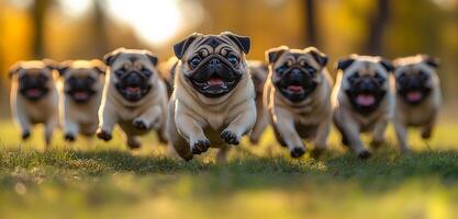 A group of playful pugs enjoy a lively run through a sunlit park filled with autumn colors and warm sunshine. photo