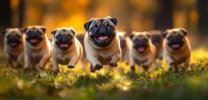 A group of pugs runs energetically through a vibrant autumn park filled with colorful foliage, enjoying the sunny day. photo