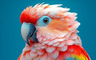 A close view of a brilliantly colored parrot showcasing its vibrant feathers and striking facial features against a blue backdrop. photo