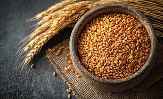 A bowl filled with wheat grains rests on a burlap cloth next to golden wheat stalks against a textured dark background. photo