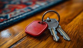 A pair of metallic keys with a red keychain is placed on a polished wooden surface beside a colorful rug. photo