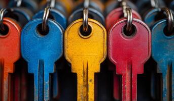 A vibrant array of old keys hangs on a keyring, showcasing various colors, shapes, and levels of wear and age. photo