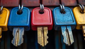 A collection of vibrant keys in blue, red, and yellow is displayed on a rack, showcasing their distinctive shapes and colors. photo