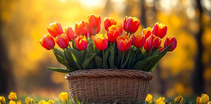 un vibrante cesta de tulipanes se sienta entre vistoso flores en un iluminado por el sol jardín durante el primavera estación. foto
