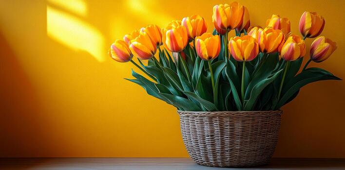 un vibrante arreglo de naranja tulipanes llena un tejido cesta en contra un calentar amarillo muro, exhibiendo su animado colores y Fresco mirar. foto