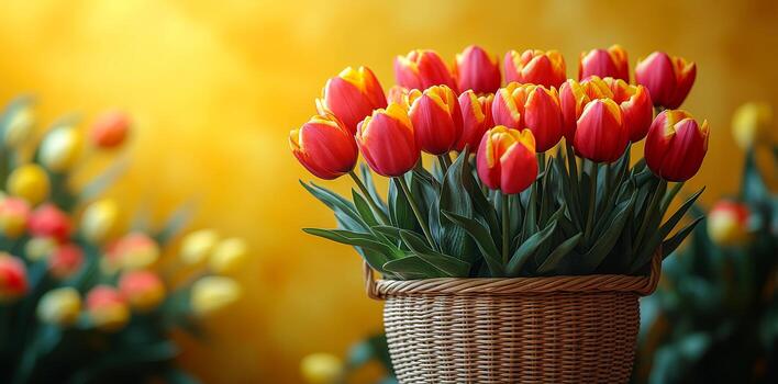 un tejido cesta lleno con vibrante rojo y amarillo tulipanes se sienta en contra un calentar amarillo fondo, creando un alegre atmósfera. foto