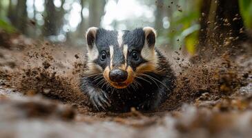 Badger bounds through dirt in a forest clearing. A badger energetically burrows through the forest soil, showcasing its agility amidst the lush greenery of the woodland. photo