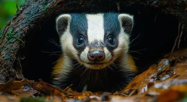 Curious badger peeks out from its woodland den. A badger emerges from its burrow in the forest, surrounded by fallen leaves, showing curiosity in its natural habitat. photo