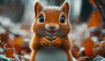 Squirrel forming heart with paws in autumn. A small squirrel joyfully forms a heart shape with its paws among autumn leaves, surrounded by a light dusting of snow. photo