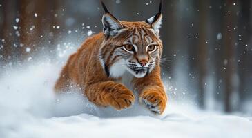 Lynx running through fresh snow in a winter forest. A lynx leaps gracefully through deep snow in a serene winter forest, showcasing its agility and elegance in a snowy landscape. photo