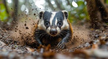 Badger running through the forest after rainfall. A badger dashes through muddy forest ground, splashing dirt around after a recent rain, showcasing its vibrant fur and alert expression. photo